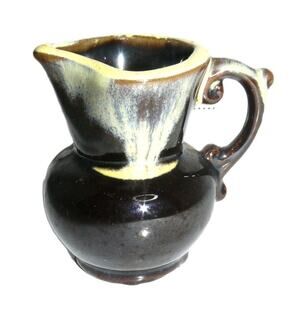Vintage Ceramic Mini Pitcher Jug Brown Cream Drip Glazed Pottery w Handle 2"